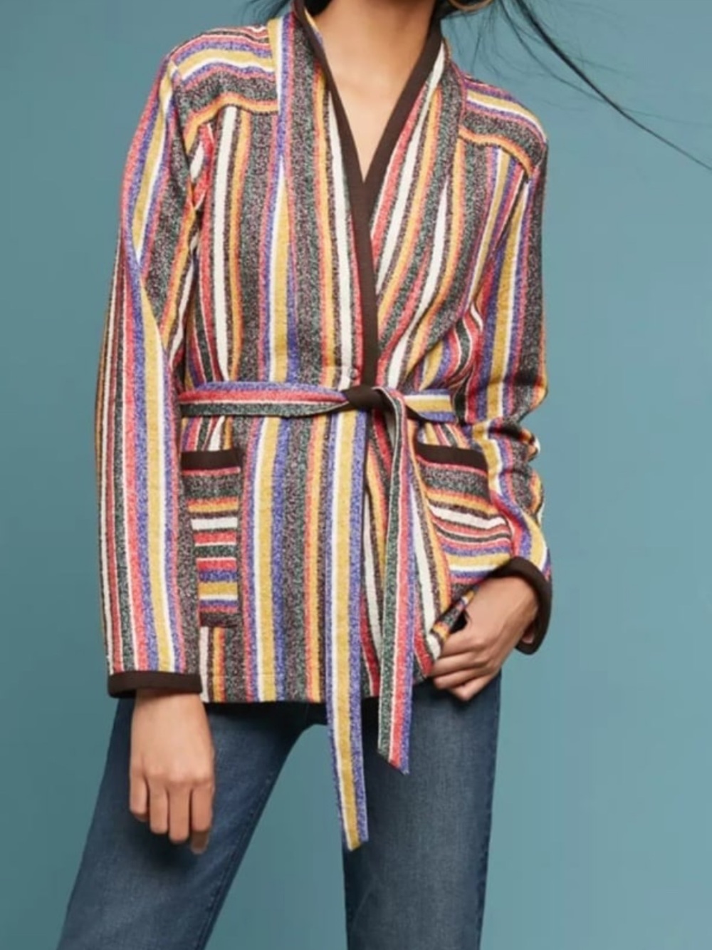 Anthropologie Akemi + Kin Multicolor Striped Belted Sweater Jacket